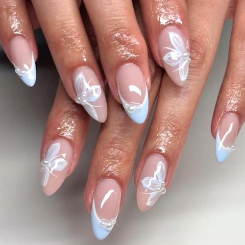 Medium Almond Press On Nails with 3D Floral & Pearl Design