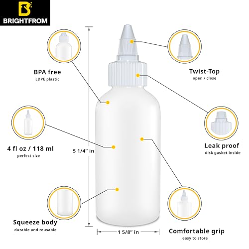 BRIGHTFROM Twist Top Applicator Bottles, Squeeze 4 OZ Empty Plastic Bottles, Refillable, Open/Close Nozzle - Multi Purpose (Pack of 2)