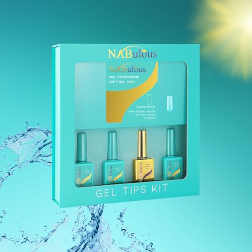 Square Medium Starter Kit | NABulous | Soft Gel Tips Kit | Square Shaped | Medium Length |Complete Nail Kit | pH Bonder | Primer | Extend Gel | Top Coat | Clear, DIY (Square Medium)