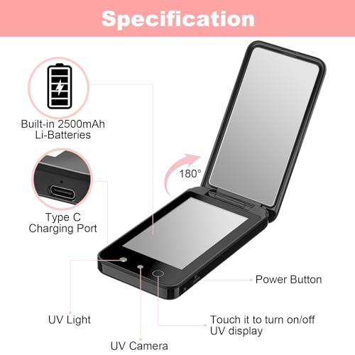 Compact UV Mirror with UV Camera for Sunscreen Test, 4 Inch Rechargable Travel Mirror Handheld Double-Sided Pocket Mirror for Skin Protection