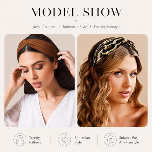 8-Pack Wide Boho Headbands for Women - Non-Slip Elastic