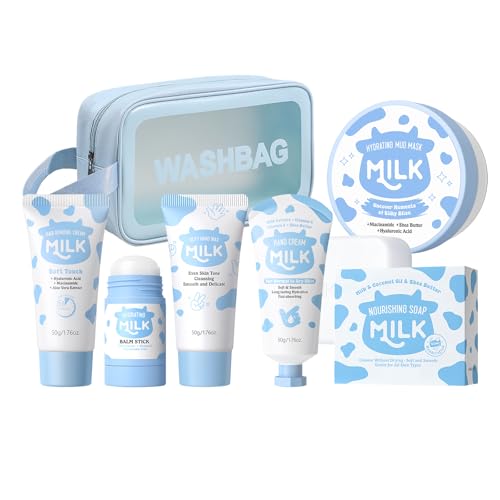 Milk Skincare Set 7-in-1 for Kids & Teens Girls, Gentle Milk Extract Bathing Cleaning Kit with Hand Cream, Hand Wax, Nourishing Soap, Mud Mask, Hydrating Balm Stick, Hair Removal, Makeup Bag(Set C)