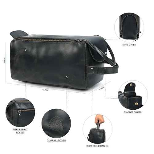 Leather Toiletry Bag for Men, Travel Duffels Essentials Shaving Dopp Kit, Mens Travel Bag Toiletries Organizer Case for Grooming, Made from 100% Real Leather (Black)