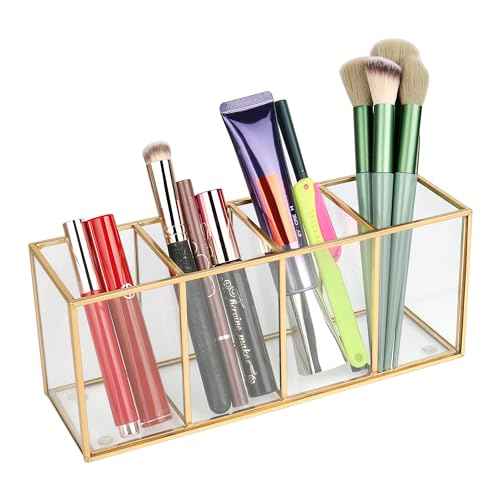 ELEGANTLIFE Clear Glass Makeup Brush Organizer,Luxurious Tempered Glass Cosmetics Brushes Storage Holder for Refined Bathroom Decor (Gold, 4 Sections)