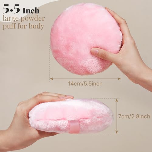 Teenitor Powder Puff 5.5" Extra Large Powder Puff and Container, Dusting Powder Container with Puff, Glass Crystal Powder Container for Body Powder Puff Pink
