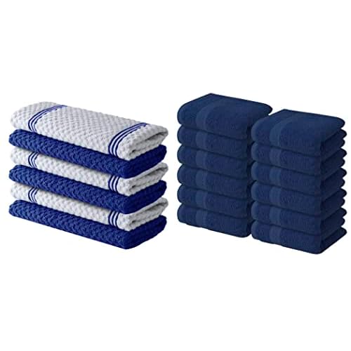 Infinitee Xclusives Premium Blue Kitchen Towels ? Pack of 6, 100% Cotton 15 x 25 Inches Absorbent Dish Towels + Washcloths Set ? Pack of 12, 13x13 Inches 100% Cotton Wash Cloths