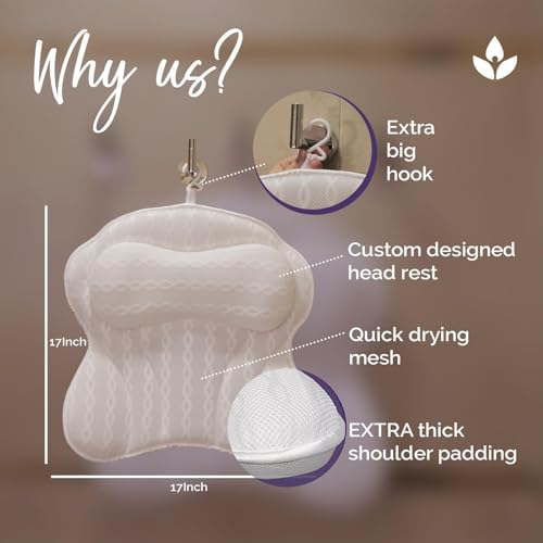 Bath Pillow for Tub - Neck & Back Support, 17x17 inch