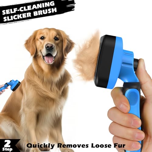 Blue Self-Cleaning Pet Slicker Brush & Dematting Comb Set for Dogs, Cats, Horses