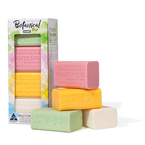 Australian Botanical Milk Soap Bars, 6.6 OZ French Triple Milled Soap for All Skin Types - Lemongrass, Melon, Raspberry, and Shea Butter, Pack of 8 - Packaging May Vary