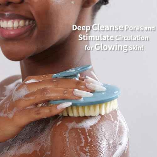 Body Scrubber 2 Pack, BEAUTAIL Gentle Exfoliating Shower Bath Brush, Soft Bristle Brushes for Sensitive Skin Women Men, Non-Slip Hand-Clip, Durable and Long Lasting (Blue+Gray)