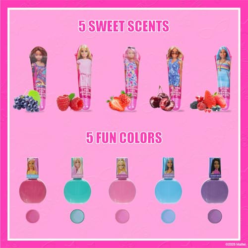Barbie Cosmetic Makeup Set for Girls with Super Sparkly Lip Gloss Nail Polish and Nail Stickers 11 Pieces, Perfect for Parties Sleepovers Makeovers, Birthday, Ages by Townley Girl