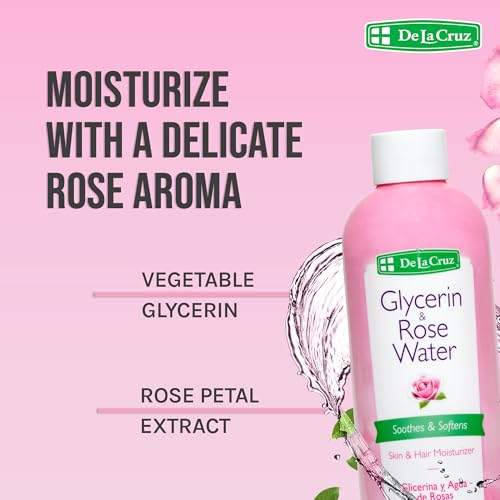 De La Cruz Rose Water and Glycerin for Face - Rosewater Facial Toner and Moisturizer for Skin and Hair 8 fl oz. (236 mL) - 1 Bottle