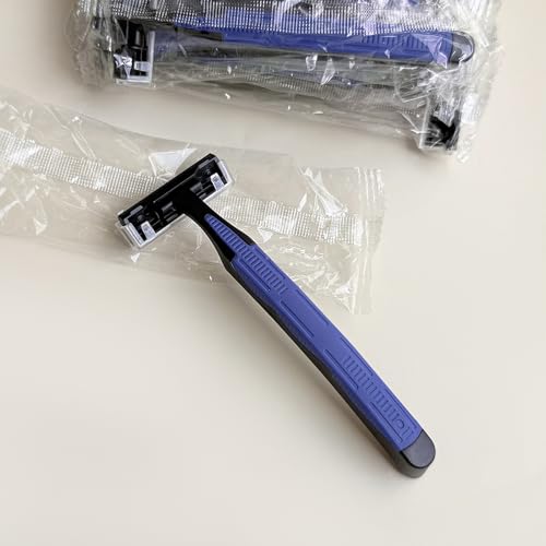 Individually Wrapped 3 Blades Razors Bulk, Travel Size Disposable Manual Razors with Stainless Steel Blade (Blue) (50)