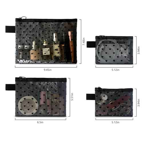 4-Piece Heart Printed Mesh Makeup Bag Set, Portable Travel Mesh Cosmetic Bags Toiletry Bags Makeup Purse Bags Mesh Zipper Storage Pouches for Home Offices Travel Accessories (Black)