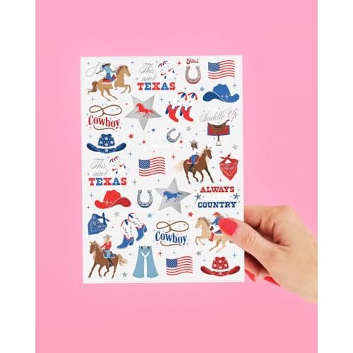 xo, Fetti American Cowgirl Temporary Tattoos - 54 Silver Foil Pcs | Birthday Accessory, Western Bachelorette USA Party Favor, 4th of July Activity
