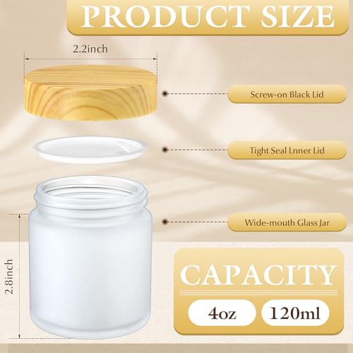 Norme 48 Pcs 4oz Glass Jars with Lids Empty Small Glass Containers and Inner Liners Reusable Cosmetic Jars Round Airtight Bottles with Plastic Woodgrain Lids for Storing candle, Lotion (Frosted Matte)