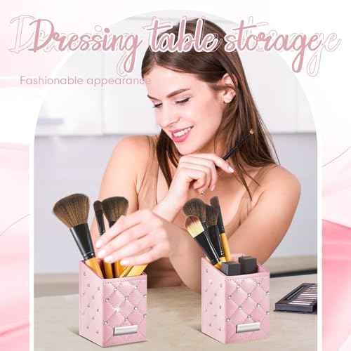 ReliThick 2 Pcs Pink Makeup Brush Holder Crystal Bling Brushes Cup PU Leather Waterproof Glitter Makeup Holder for Women Travel Cosmetic Storage Organizer Dresser Vanity Accessories