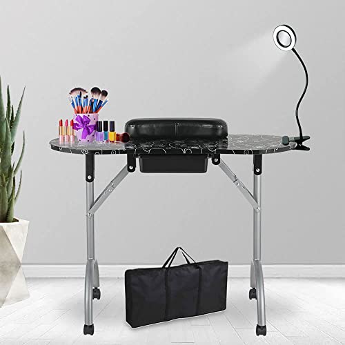 36" Portable Manicure Table with LED Magnifier & Rolling Wheels