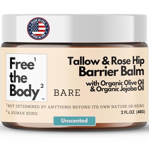 Tallow and Rose Hip Barrier Balm, Grass-Fed Tallow with USA Beeswax and Rosehip Oil, 2oz, All Skin Types, Face and Body (2oz, Bare (unscented))