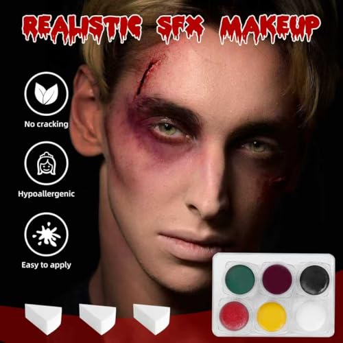 Special Effects SFX Halloween Makeup Kit, Professional Horror SFX Makeup Set with Scar Wax+Bruise Palette+Fake Blood Spray+Realistic Blood Gel for Wounds, for Realistic Zombie, Vampire&Demon