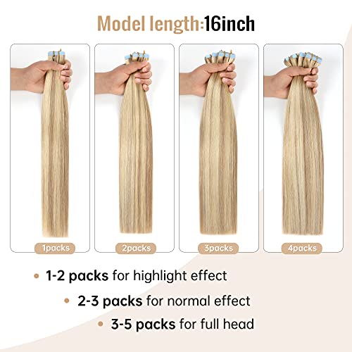 JESSBO Tape in Hair Extensions Human Hair Ash Blonde Highlighted Bleach Blonde 18 inch 20pcs 50g/pack Straight Seamless Skin Weft 100% Real Human Hair (18 Inch #P18/613)