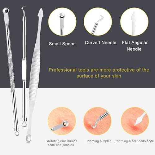 Pimple Popper Tool Kit - Boxoyx 10 Pcs Blackhead Remover Comedone Extractor Kit with Metal Case for Quick and Easy Removal of Pimples, Blackheads, Zit Removing, Forehead,Facial and Nose(All Silver)