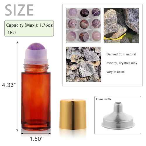 2 pack Large Amber Glass Roll on Bottles for Essential Oils Perfume Refillable Roller Ball Applicator Empty Deodorant Containers with Purple Crystal Rollerball