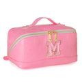 Initial Makeup Bag Large Capacity Travel Cosmetic Bag for Women PU Leather Open Flat Toiletry Bag with Handle and Divider Personalized Gifts for Women (Pink M)