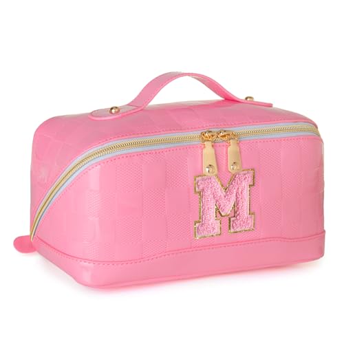 Initial Makeup Bag Large Capacity Travel Cosmetic Bag for Women PU Leather Open Flat Toiletry Bag with Handle and Divider Personalized Gifts for Women (Pink M)