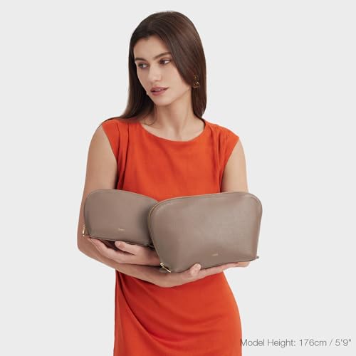 Kattee Medium Leather Makeup Bag - Khaki Travel Cosmetic Case