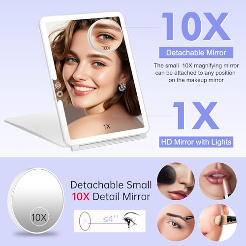 Rechargeable Travel Makeup Mirror with Lights, 10x7.5 Portable Lighted Folding