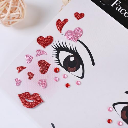3PCS Valentine's Day Face Heart Gems Stickers for Women Girls Eyes Body Face Glitter Rhinstone Temporary Tattoos Red Love Self Adhesive Stick for Makeup Holiday Party Supplies