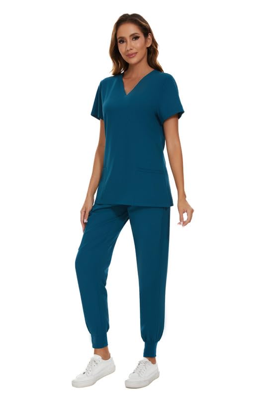 COZYFIT Scrubs for Women Set - Stretch V-Neck Scrub Top & Jogger Pant with 8 Pockets, Yoga Waistband, Anti Wrinkle, Slim Fit Women Scrubs