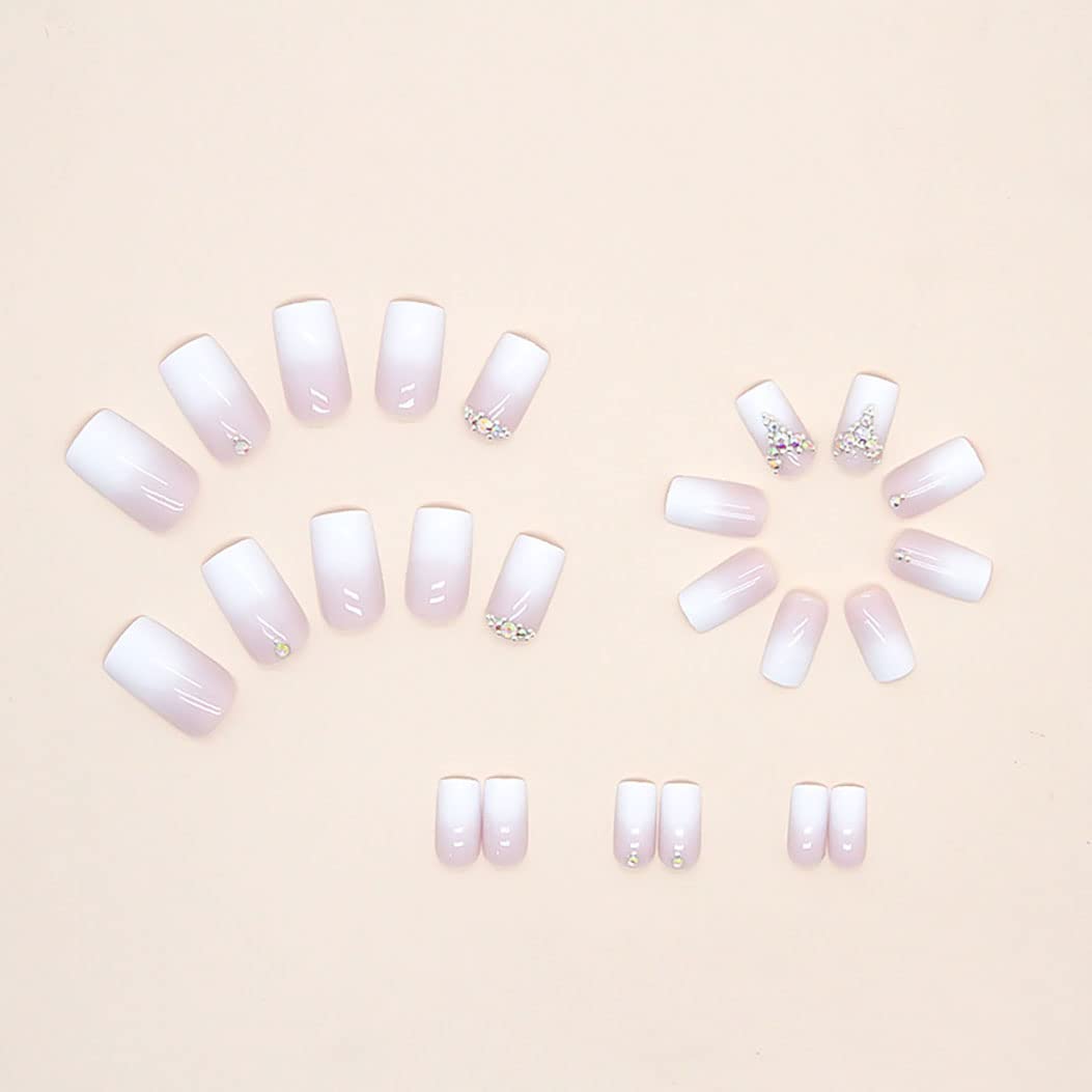 RikView White Press on Nails Medium Length Fake Nails with Rhinestones Square Acrylic Nails Glossy Nails 24 PCs/Set