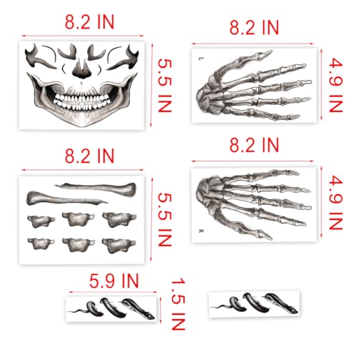 6-Pack Skull Temporary Tattoos – Halloween Skeleton Face Stickers