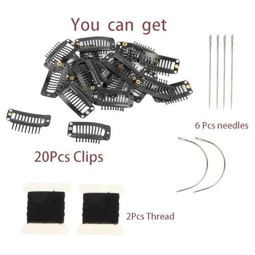 YUXIANG 20 Pieces Hair Extension Clips, 9 Teeth Stainless Steel Clips for Wigs, Hair Bangs, Toppers, Toupees with Needle and Thread Sets (Black)