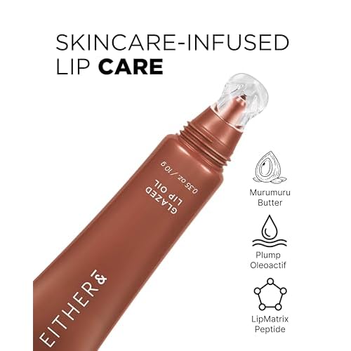 EITHER& Glazed Lip Oil - Glossy Tinted Lip Gloss, High Gloss Moisturizer with Peptides, Lightweight, Non-Sticky for Dry Lips, Lip Care 05 Noir (10g)