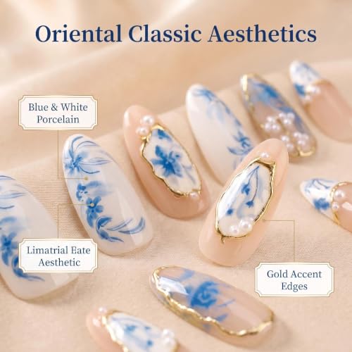 Press On Nails Almond Blue Floral French Tip 24pcs – Taoyiset Reusable Full-Cover Faux Nails