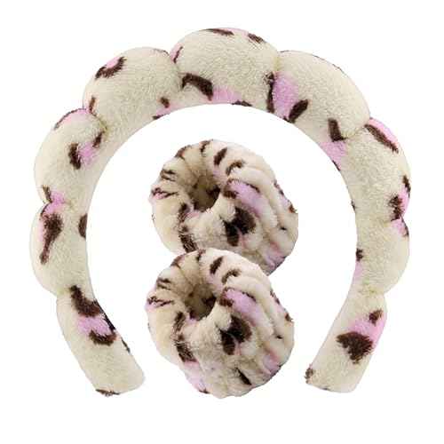 Spa Headband Wrist Band for washing face set Sponge Makeup Skincare Headband Wrist Towels Bubble Soft Terry Towel Cloth Hairband for Women Puffy Headwear Non Slip Thick Thin Hair Headwear (Leopard)