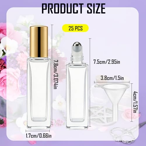 Gold 25 Pcs 10ml Square Glass Essential Oil Roller Bottles Set with Stainless Steel Balls