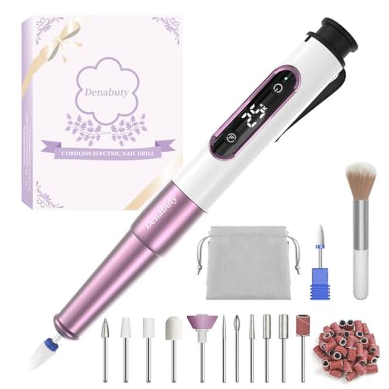 Denabuty Cordless Electric Nail Drill Kit with LED Display – 12-in-1 Professional E-File for Gel & Acrylic Nails