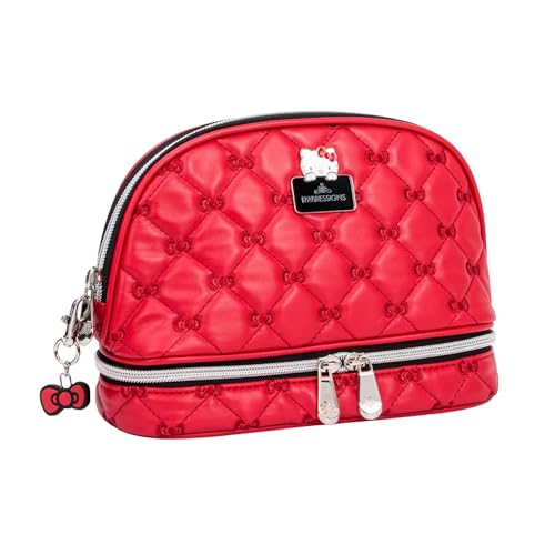 Impressions Vanity Hello Kitty Quilted Arch Travel Makeup Bag Organizer, Hello Kitty Bows Embroidered with Enamel Logo Plate, Bottom Zipper Cosmetic Bag, Black Polyester Lined Interior, Inner Pocket
