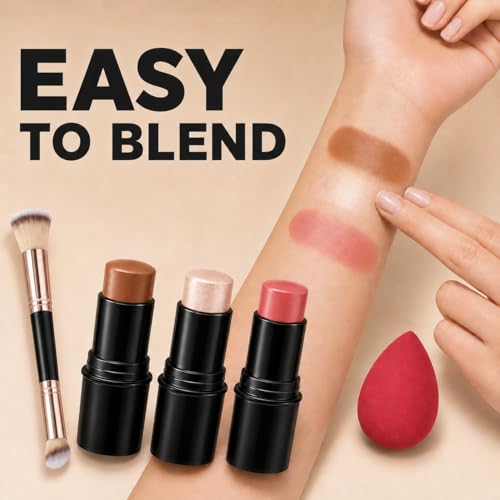 3-Piece Contour Stick Set with Brush & Sponge - Waterproof
