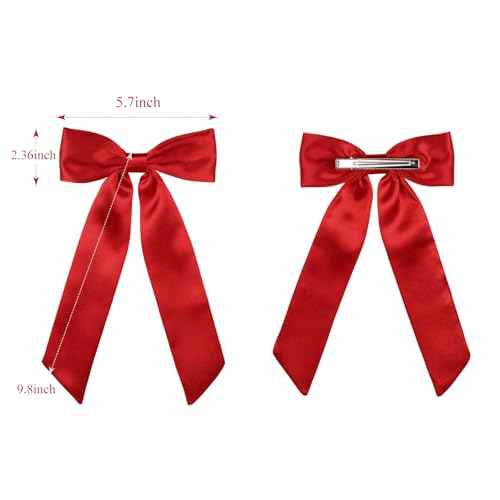 WantGor Long Tail Bow Hair Clips, Hair Ribbon Bows Satin Bowknot Clip Large Hair Barrettes Cute Ponytail Holder Hair Accessories for Women Daily Party Wedding Prom (Red)