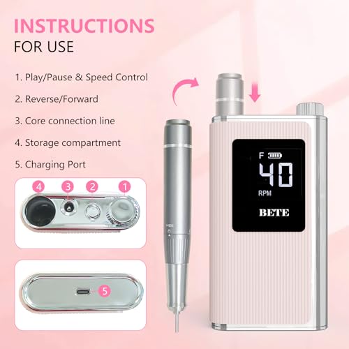 BETE Professional Cordless Nail Drill Kit - 40000 RPM, 8-10h Runtime