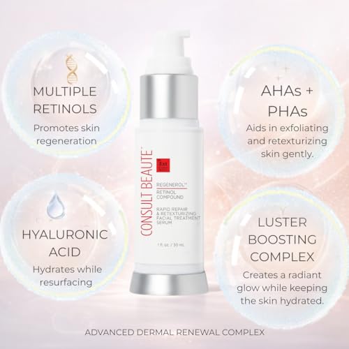 Consult Beaute Regenerol Renewing Retinol Compound Serum with Hydrating Hyaluronic Acid for Face - Rapid Repair, Retexturizing Skin Care Treatment for Lines, Wrinkles 1 Fl. Oz.