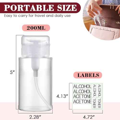 4 Pack Push Down Pump Dispenser 6.7oz/200ML Empty Acetone Dispenser Push Top Alcohol Bottles Containers for Nail Polish Makeup Remover Water Facial Toner
