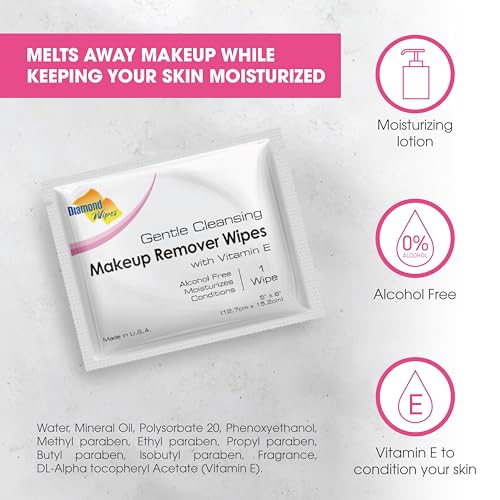 Diamond Wipes Makeup Remover - 50 Count, Alcohol-Free, Vitamin E
