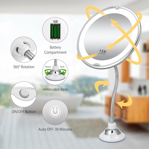 15X Magnifying LED Vanity Mirror with Suction Cup - Flexible Gooseneck
