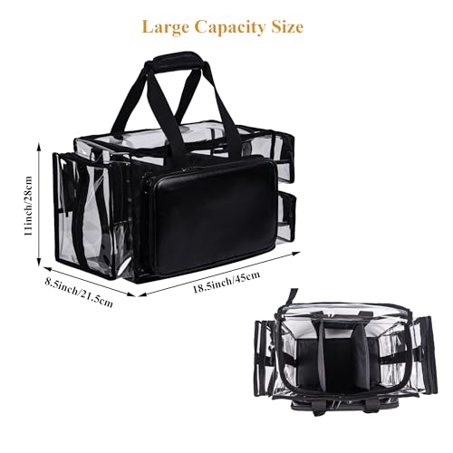 Clear Cosmetic Bag, Large Capacity Makeup Artist Kit Set, Waterproof Transparent PVC Hair Stylist Storage Organizer Beach Tote Bag with Adjustable Divider (Black)